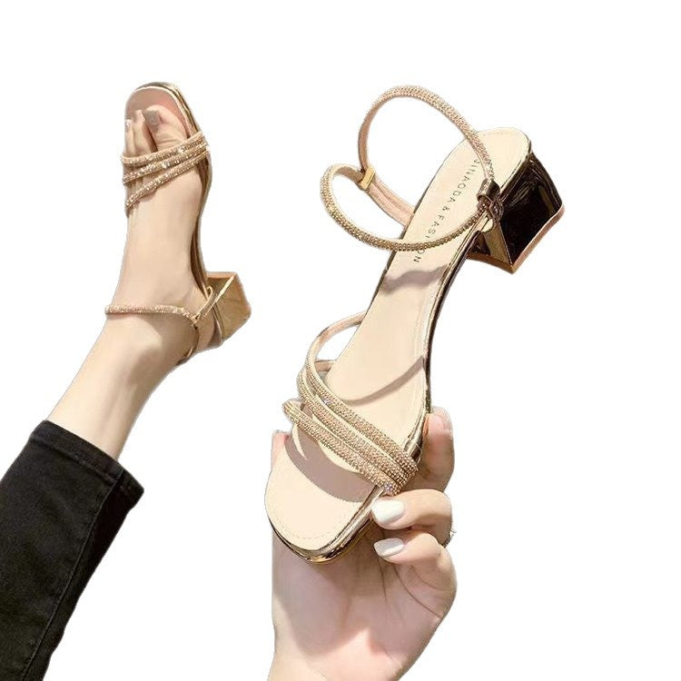 Damen Elegante Strass‑Riemchen Sandaletten mit quadratischer Zehenbox und stabilem Blockabsatz Drune
