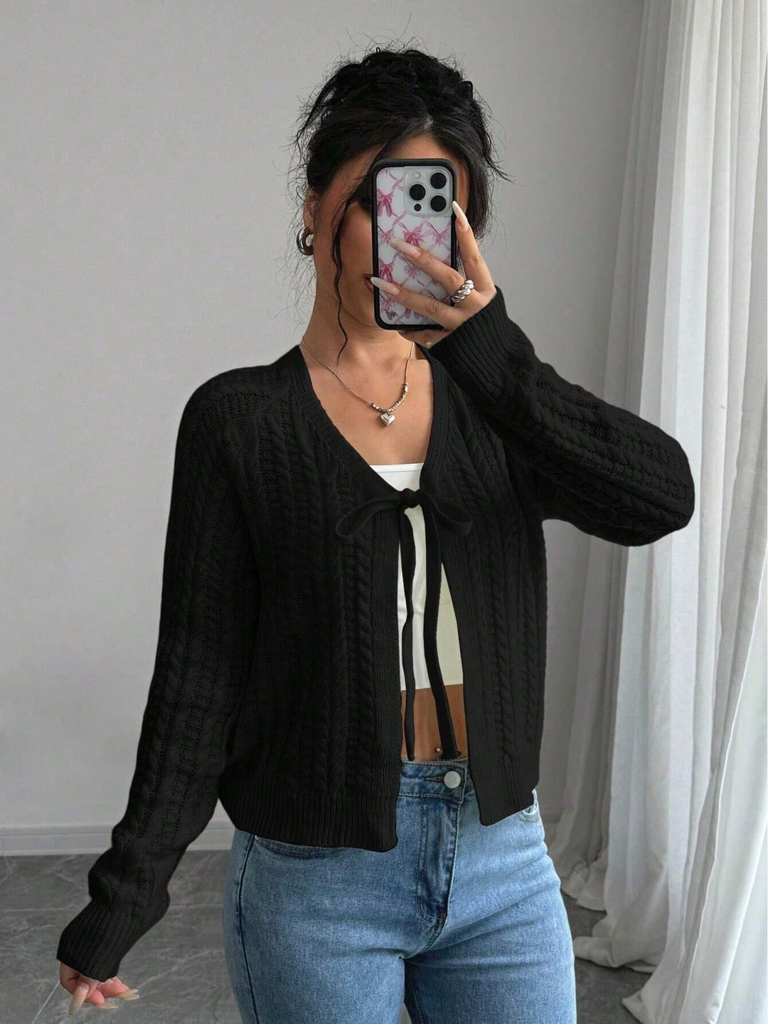 Damen Strickjacke mit modischem Kordelzug und feiner Netzstruktur Drune