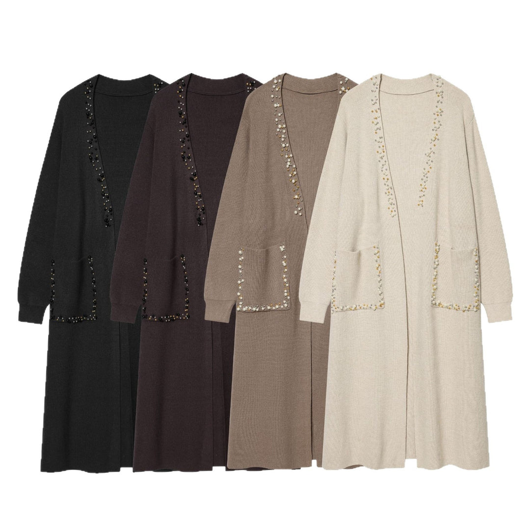 Damen lange offene Strickjacke mit Perlenbesatz und aufgesetzten Taschen Drune