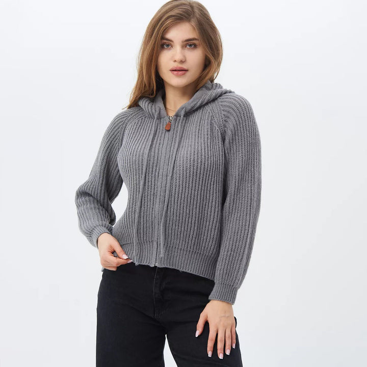 Damen Cropped Hoodie aus weichem Rippstrickmaterial mit praktischen Kordelzügen Drune