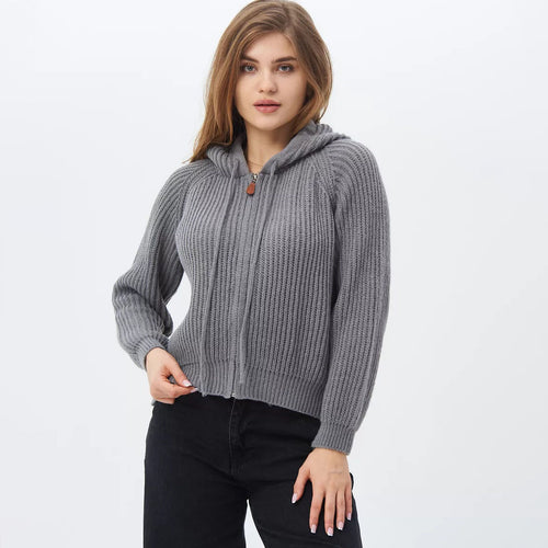 Damen Cropped Hoodie aus weichem Rippstrickmaterial mit praktischen Kordelzügen Drune