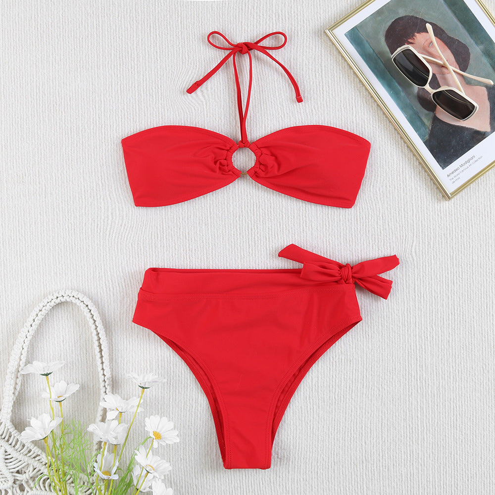 Damen Bandeau Bikini mit elegantem Knoten und hohem Bund Drune