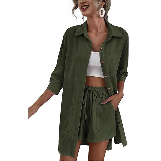 Damen Leichtes Longline-Hemdjacken-Set mit elastischer High-Waist-Shorts Drune