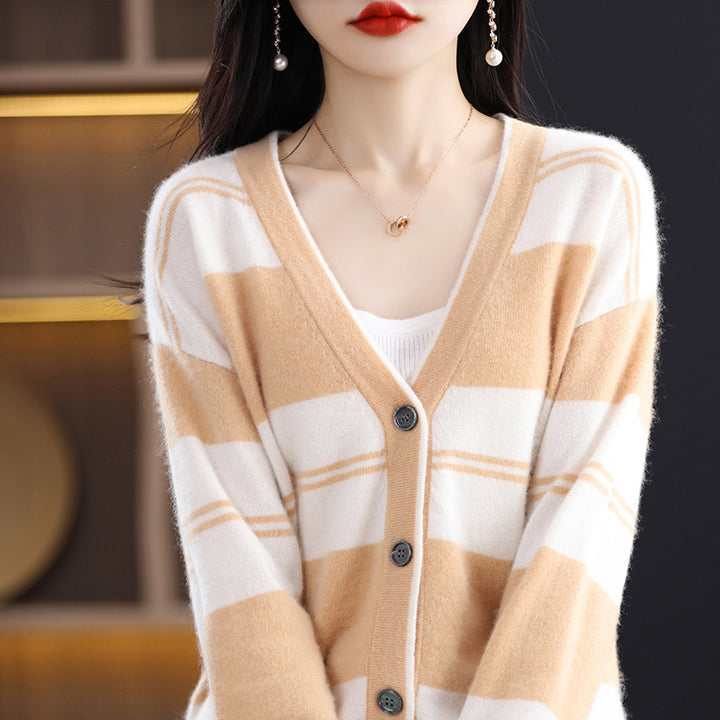 Damen Midilanger Feinstrick-Cardigan mit breiten Blockstreifen, V-Ausschnitt und gerippten Bündchen Drune