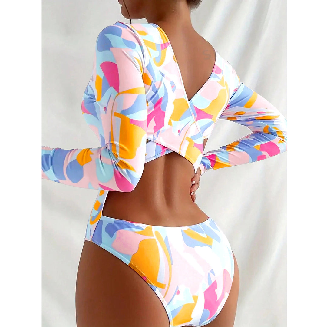 Damen Sportlicher Langarm-Badeanzug mit buntem Muster Drune