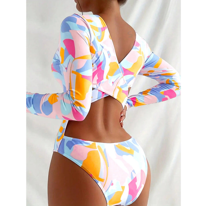 Damen Sportlicher Langarm-Badeanzug mit buntem Muster Drune