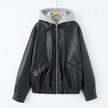 Damen Oversize Kunstleder-Blouson mit Kapuzen-Einsatz und aufgesetzten Pattentaschen Drune