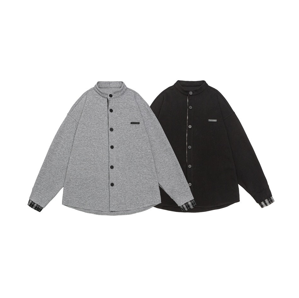 Unisex Oversize-Hemdjacke im Sweat-Overlay mit Stehkragen und karierter Innenmanschette Drune