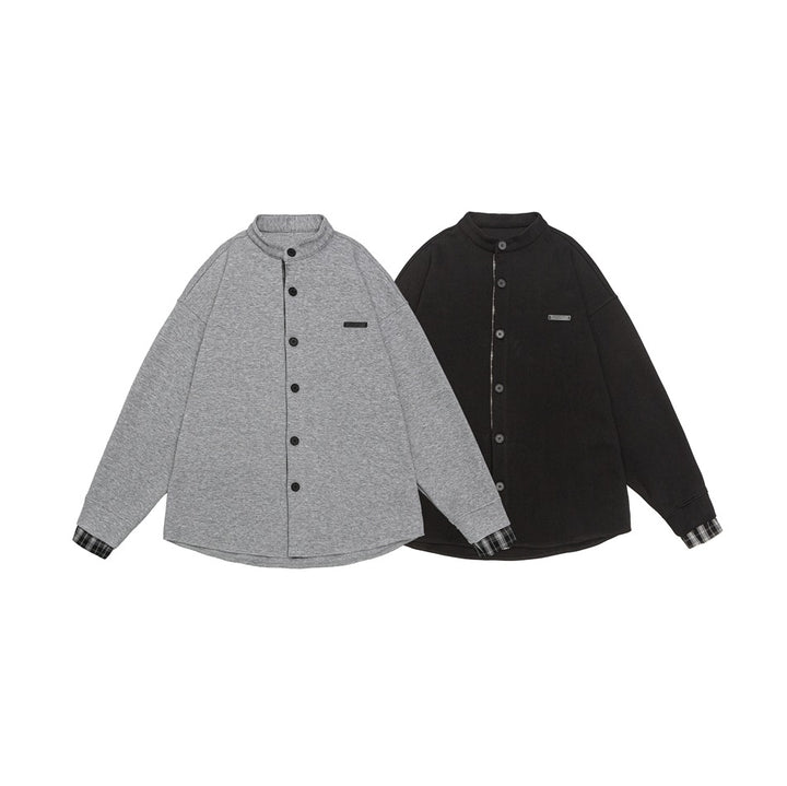 Unisex Oversize-Hemdjacke im Sweat-Overlay mit Stehkragen und karierter Innenmanschette Drune