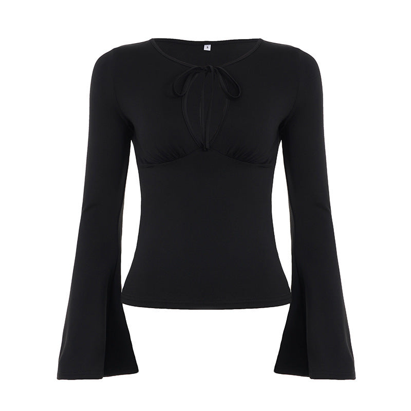 Damen Tailliertes Langarmshirt mit tiefem Schlitz‑V, BindDruneand und ausgestellten Trompetenärmeln Drune