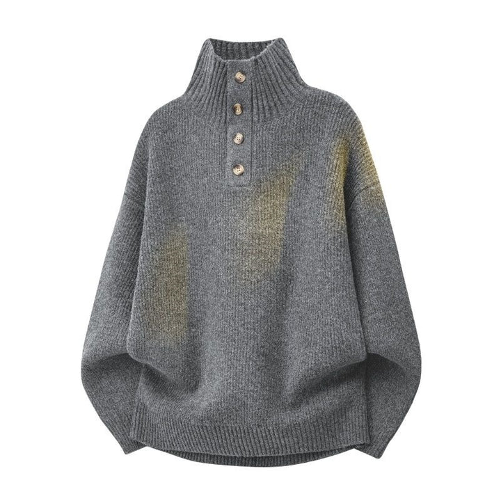 Damen Oversize Grobstrick-Pullover mit Knopfleiste am Stehkragen und Raglanärmeln Drune