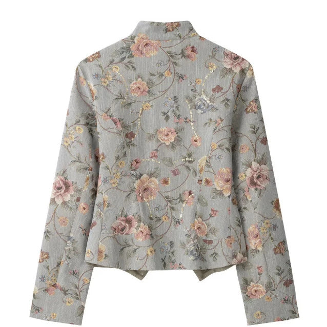 Damen Kurze Jacquard‑Blousonjacke mit Stehkragen, floraler Jacquard‑Stickerei und Pattentaschen Drune