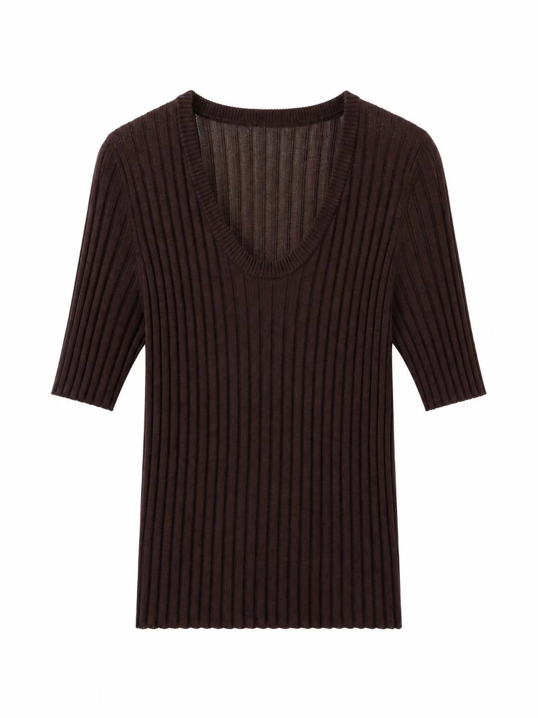 Damen Geripptes Feinstrickshirt mit tiefem U-Ausschnitt und halblangen Ärmeln Drune