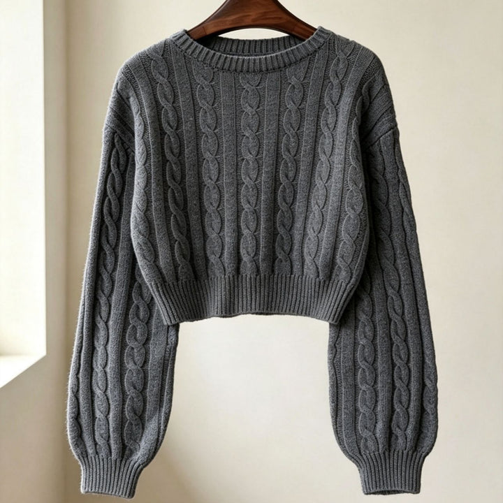 Damen Cropped Zopfmuster-Strickpullover mit kastiger Silhouette und Ballonärmeln Drune