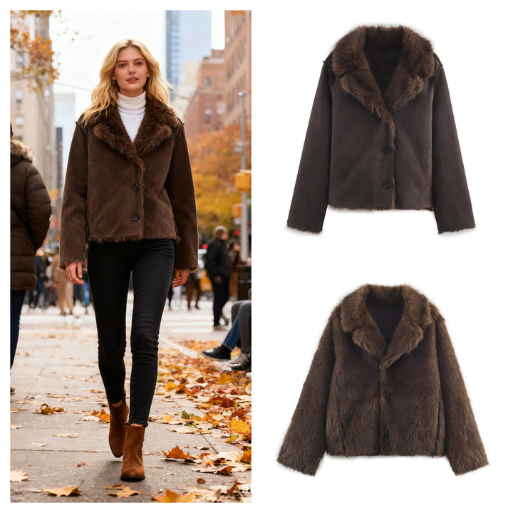 Damen modische Kunstlederjacke mit luxuriösem Teddyfutter Drune