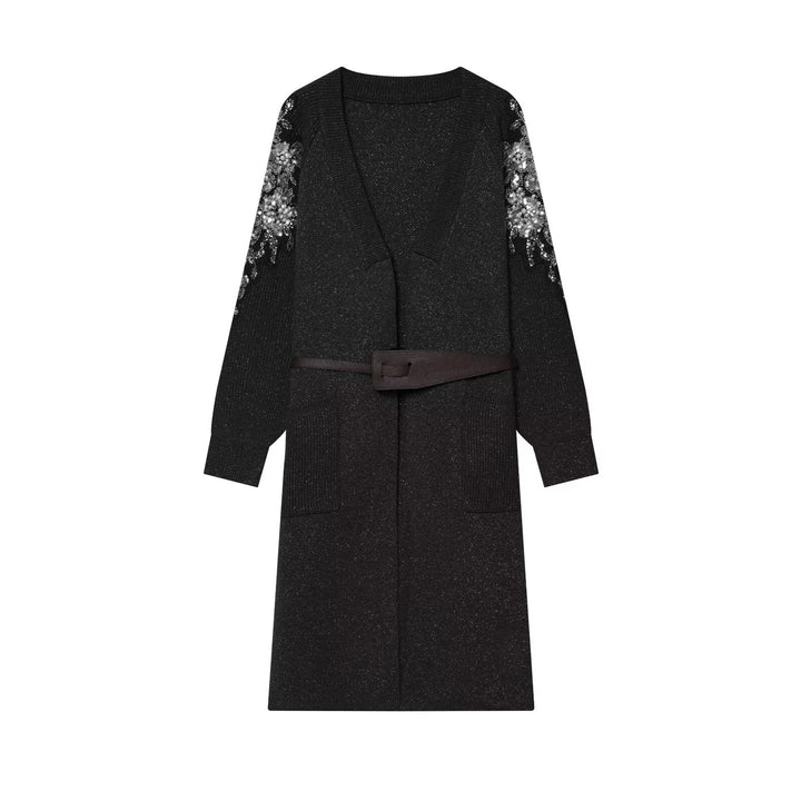 Damen Lange Strickmantel-Cardigan mit Taillengürtel und Paillettenbesatz Drune