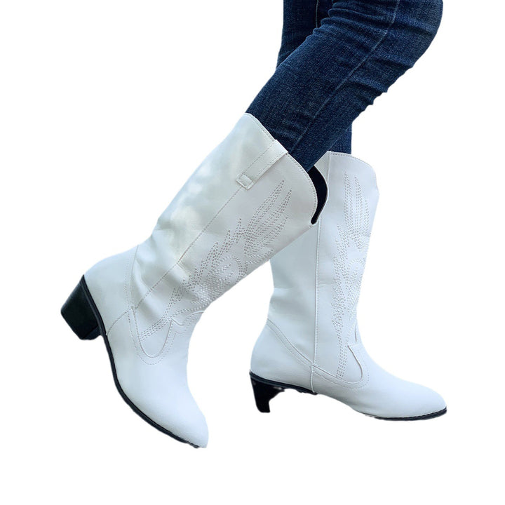 Damen Cowboy-Stiefel mit hohem Absatz und kunstvollen Stickereien Drune