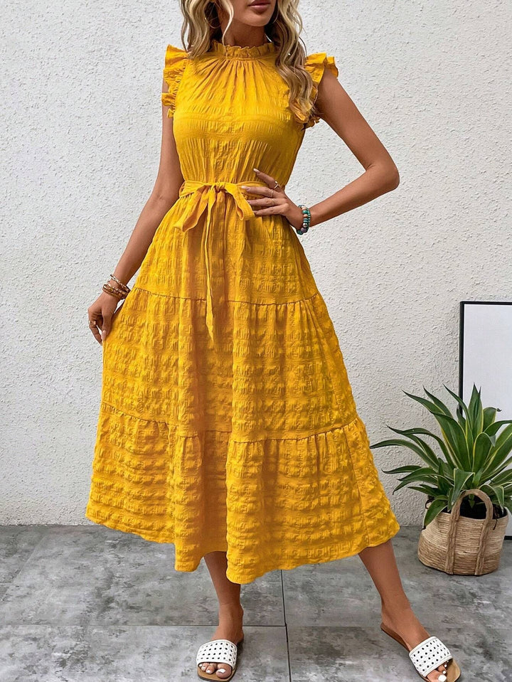 Damen Midikleid mit Stehkragen, Rüschenärmeln und Taillengürtel Drune