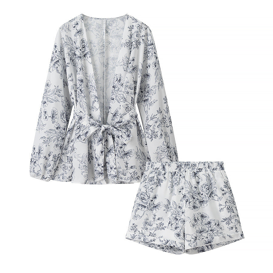 Damen nan Kimono-Shorty-Set aus leichtem Viskosemix mit Bindegürtel und elastischer Taille Drune