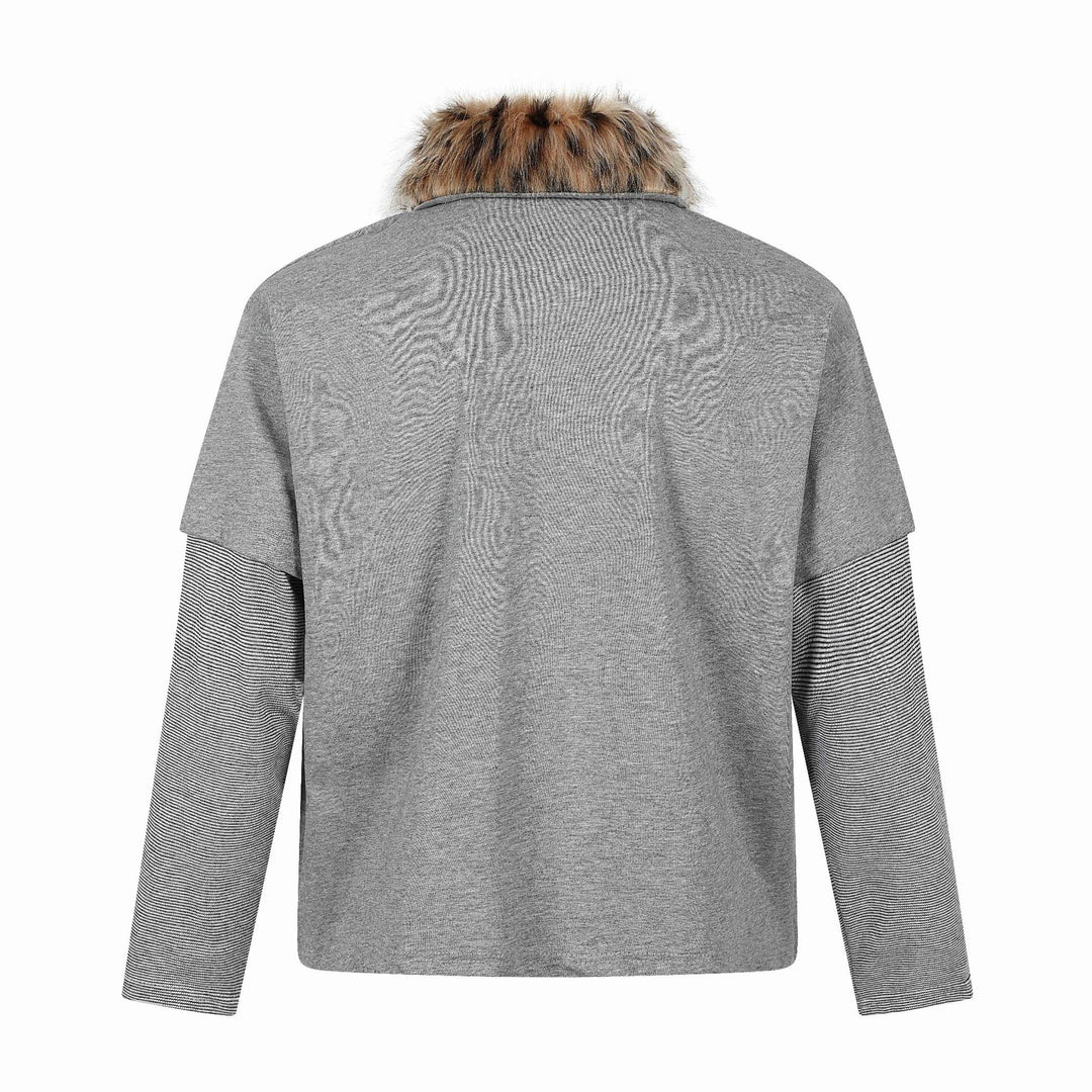 Damen Layered-Optik Langarm-Polo mit Kunstfellkragen und Wappenstickerei Drune