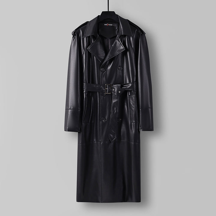 Herren Langer Kunstleder-Trenchcoat mit Doppelreiher, Taillengürtel und Schulterklappen Drune