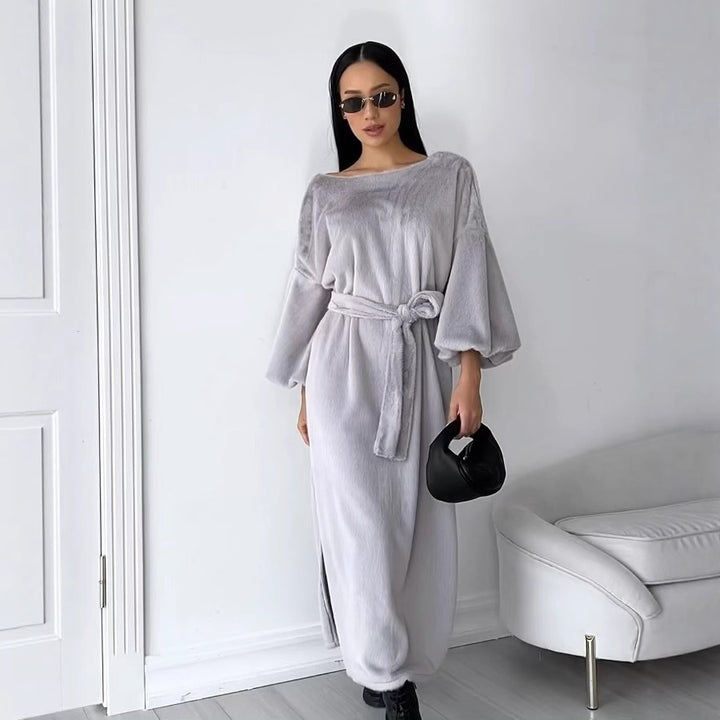 Damen Kuschel-Midikleid mit Bindegürtel und Ballonärmeln Drune