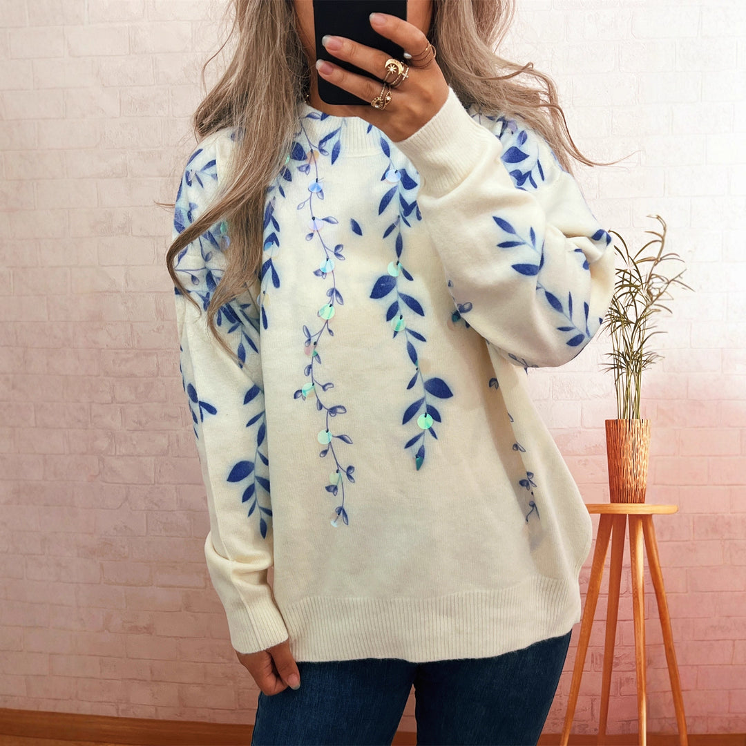 Damen kuscheliger Oversized-Pullover mit floralem Applikationsdesign Drune