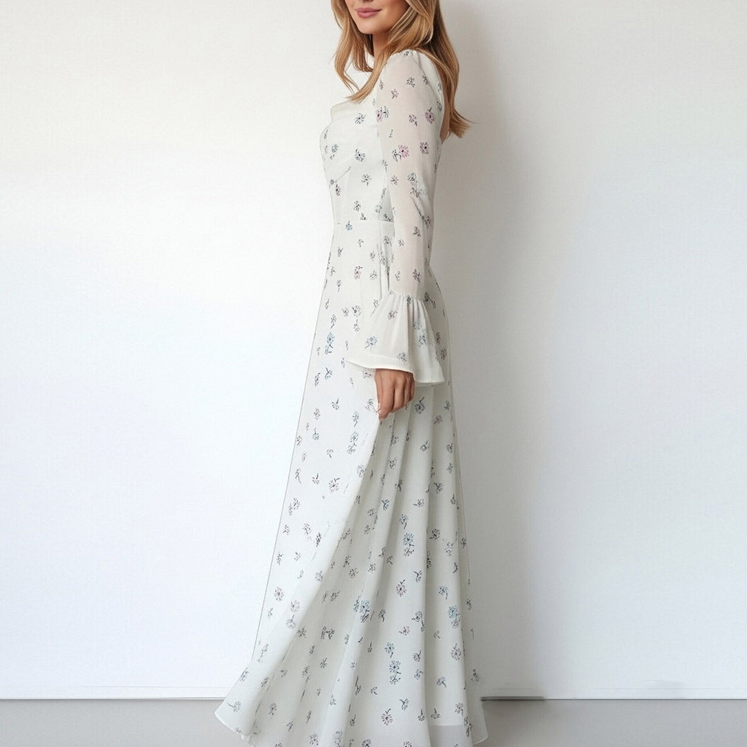 Damen Elegantes Maxikleid mit floralen Applikationen und voluminösen Ärmel Drune