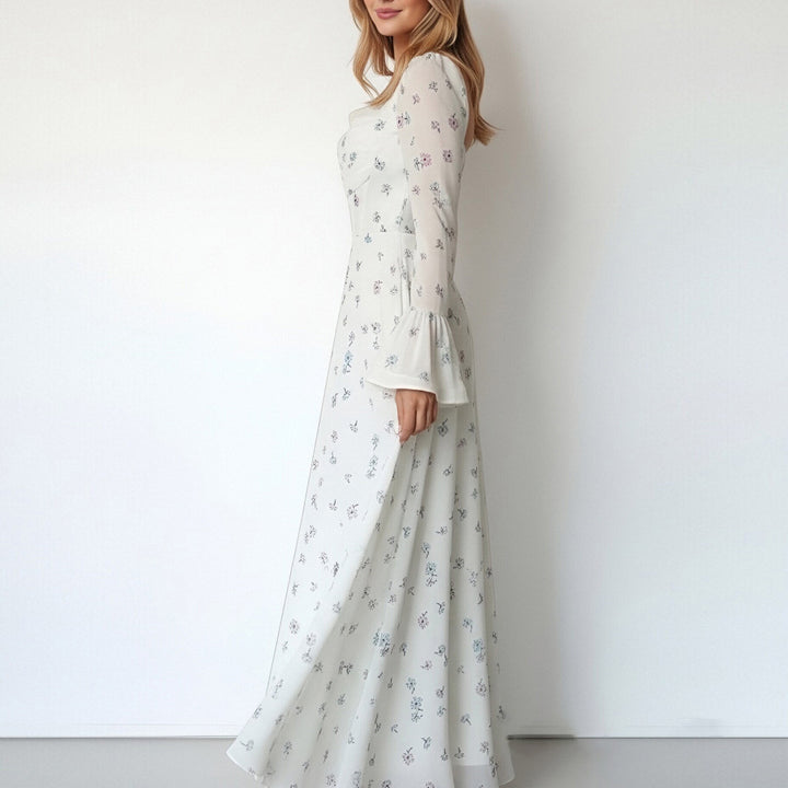 Damen Elegantes Maxikleid mit floralen Applikationen und voluminösen Ärmel Drune