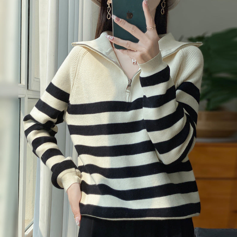 Damen Maritimer Troyer-Pullover aus feinem Rippstrick mit breiten Querstreifen Drune