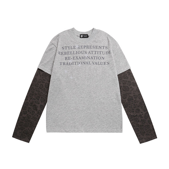Damen Lagen-Langarmshirt mit Kontrastärmeln im Leo-Muster und Statement-Print Drune