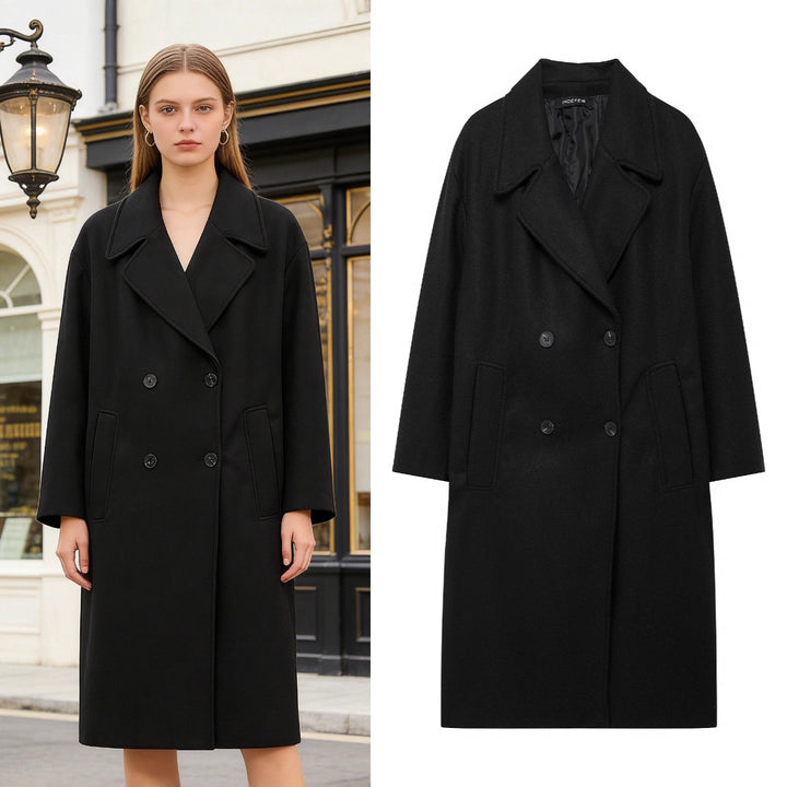 Damen Doppelreihiger Wollmix-Mantel mit Oversize-Schnitt und Reverskragen Drune