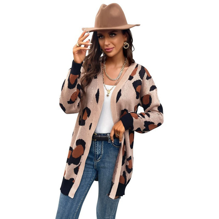 Damen Longline Cardigan im Leo-Jacquard mit offener Front und Rippbündchen Drune