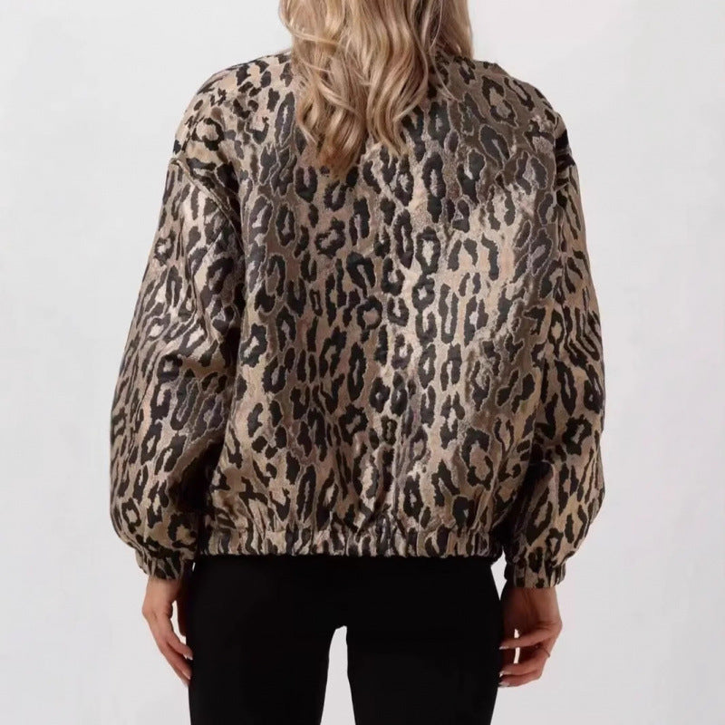 Damen modische Bomberjacke mit Leopardenmuster und elastischen Bündchen Drune