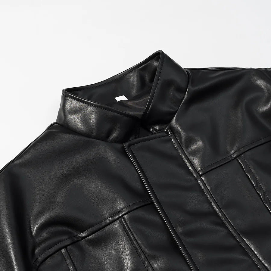 Damen nan kurze vegane Lederjacke im Cropped‑Korsettstil mit Stehkragen Drune