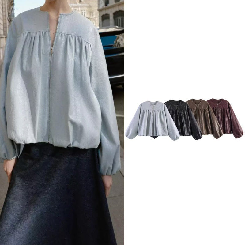 Damen Kurzblouson aus Kunstleder mit geraffter Yoke und Balloon-Ärmeln Drune