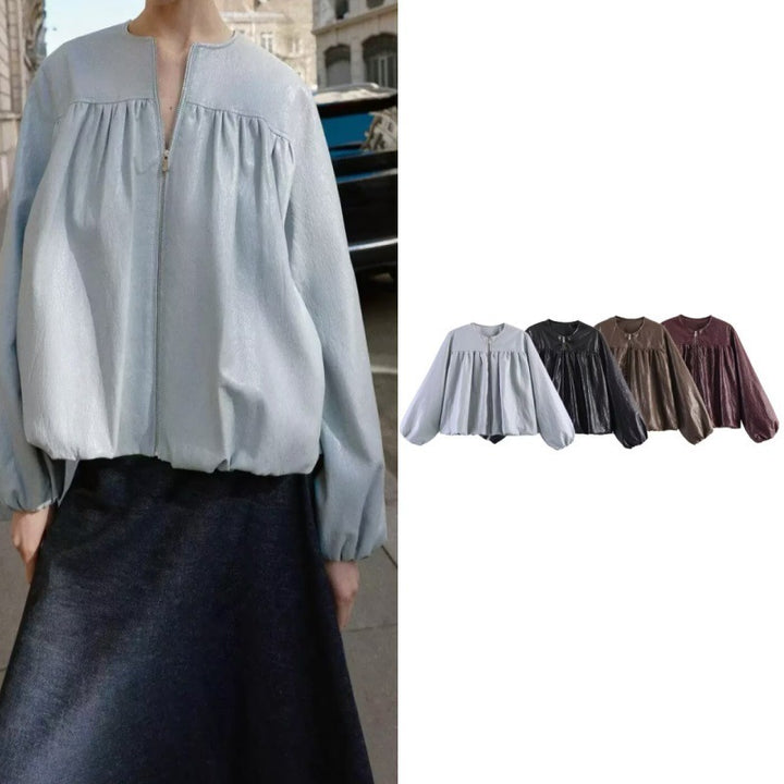 Damen Kurzblouson aus Kunstleder mit geraffter Yoke und Balloon-Ärmeln Drune