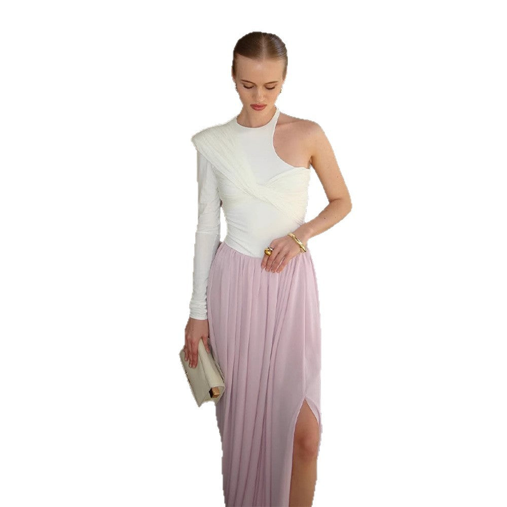 Damen Asymmetrisches One-Shoulder Maxikleid mit drapiertem Oberteil, langem Plissee‑Rock und Beinschlitz Drune