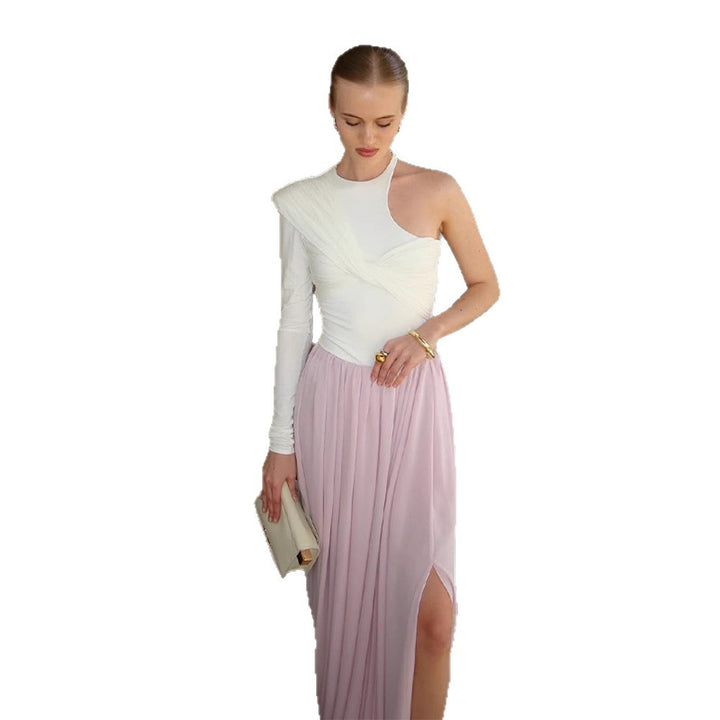 Damen Asymmetrisches One-Shoulder Maxikleid mit drapiertem Oberteil, langem Plissee‑Rock und Beinschlitz Drune
