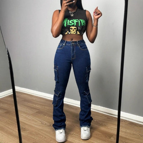 Damen Hochtaillierte Cargo-Jeans mit Mehrfach-Pattentaschen & ausgestelltem Saum Drune