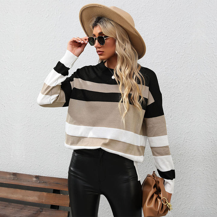 Damen Gestreifter Oversize-Feinstrickpullover mit Rundhalsausschnitt und Rippbündchen Drune