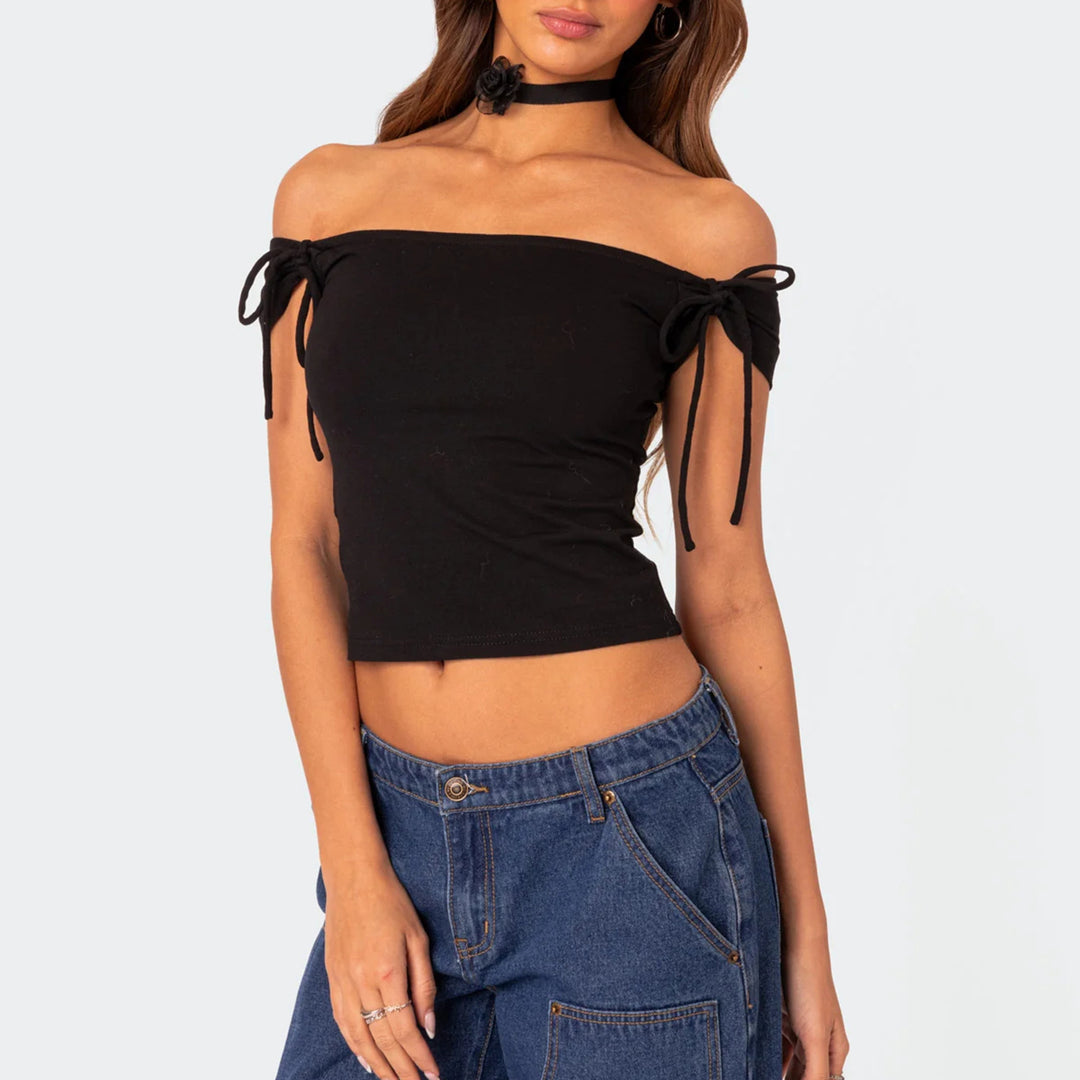 Damen raffiniertes Off-Shoulder T-Shirt mit eleganten Bindebändern Drune