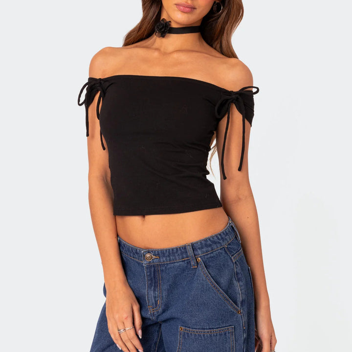 Damen raffiniertes Off-Shoulder T-Shirt mit eleganten Bindebändern Drune