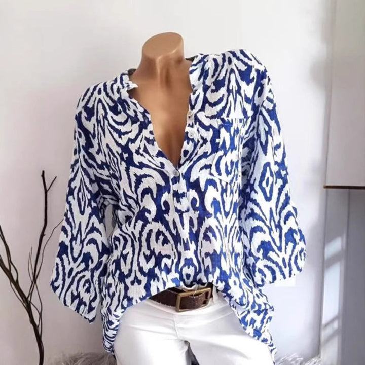 Damen nan locker geschnittene Tunika-Bluse mit Ikat‑Muster, V‑Ausschnitt und Dreiviertelärmeln Drune