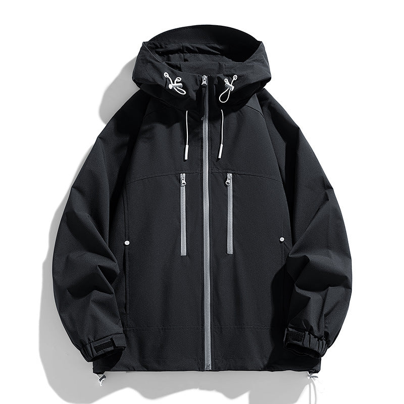 Unisex leichte wasserabweisende Kapuzenjacke mit zwei vertikalen Brustreißverschlusstaschen und verstellbarem Saum Drune