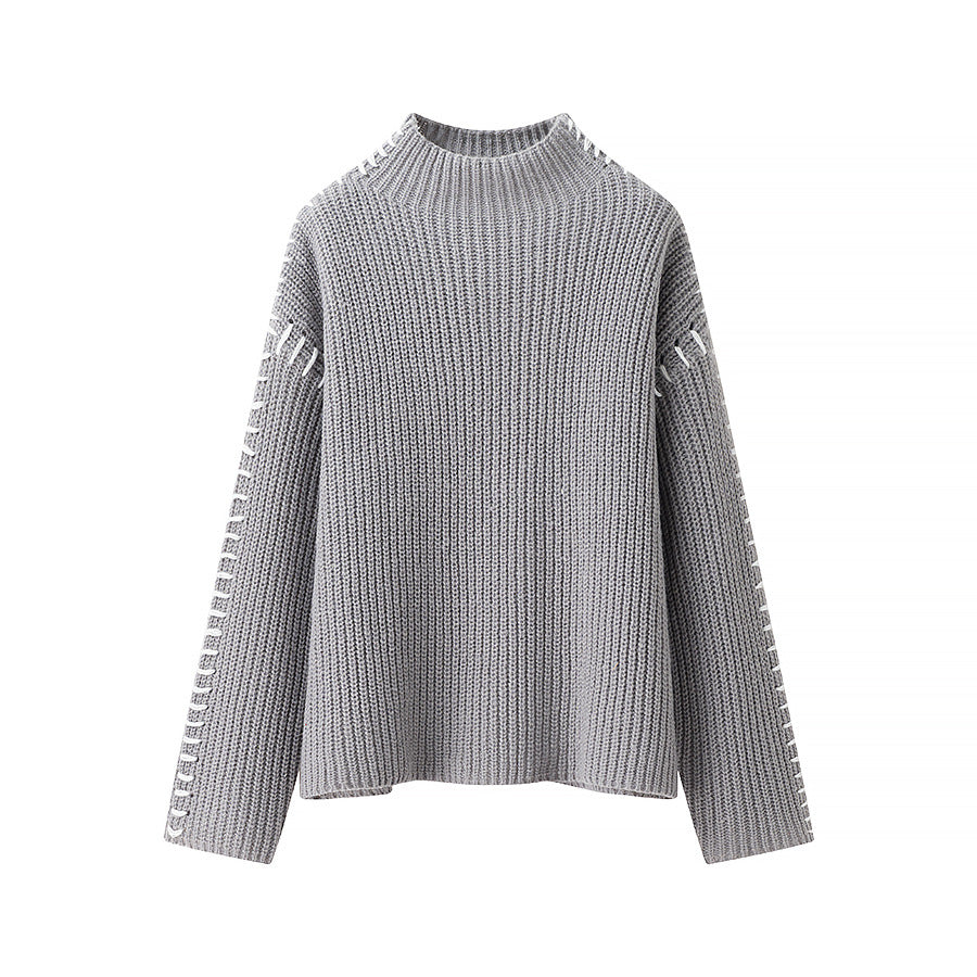 Damen nan Grobstrick-Oversize-Pullover mit hoher Rollkragenkante und Zierstich-Ärmeln Drune