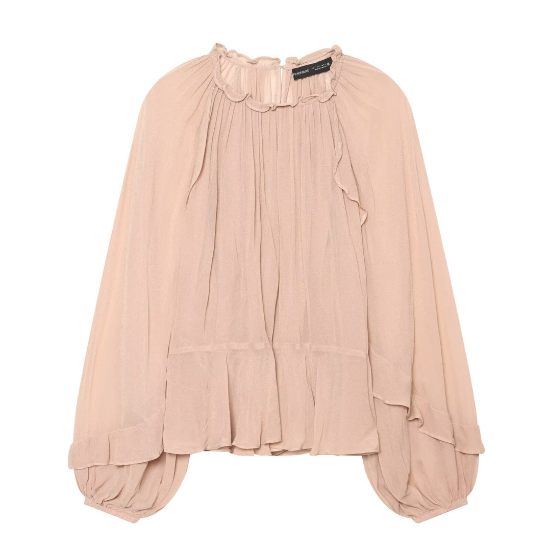 Damen Gerüschte Plissee‑Chiffonbluse mit Stehkragen und Ballonärmeln Drune