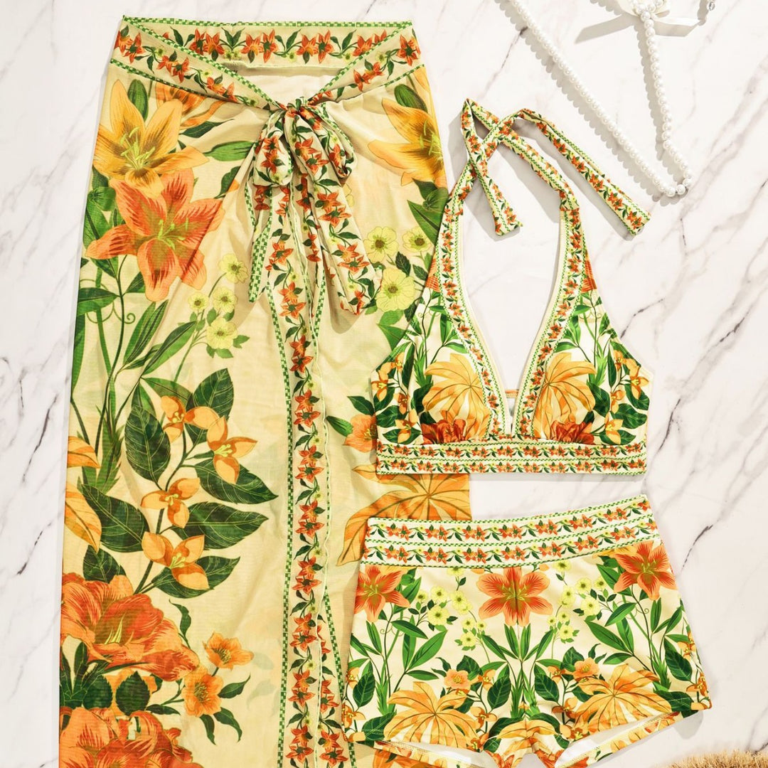 Damen Bikiniset mit floralem langen Überwurf Drune