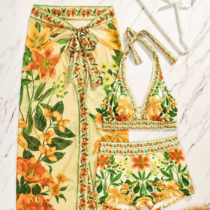 Damen Bikiniset mit floralem langen Überwurf Drune