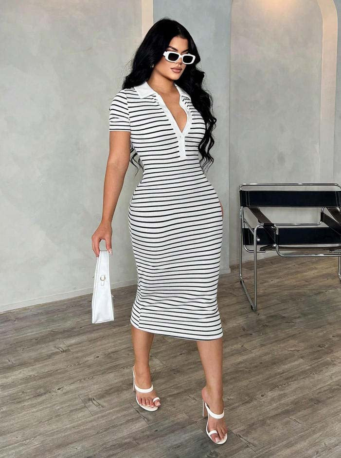 Damen Figurbetontes Polokleid im Streifen‑Look aus Rippstrick mit kurzem Ärmel Drune